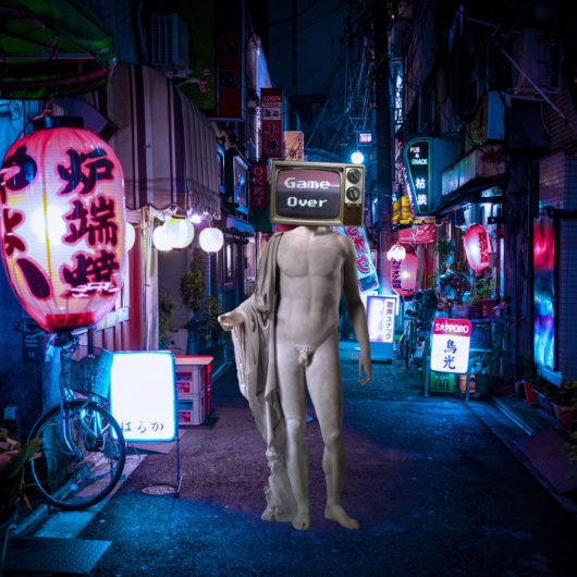 Game over tv on statue head