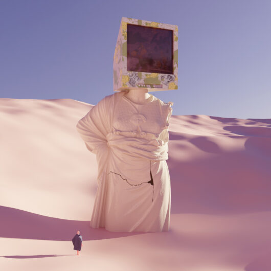 Statue with tv in desert